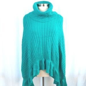 Lombaggi Angora Rabbit Turtleneck Poncho Ruffle Turquoise Made in Peru